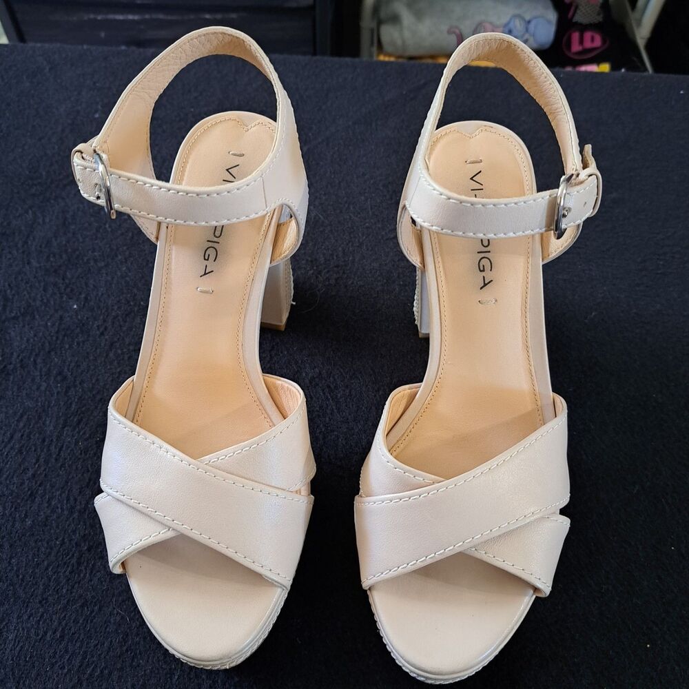 VIA SPIGA Tan LEATHER PLATFORM BLOCK HEEL BUCKLE OPEN TOE SANDALS 7M